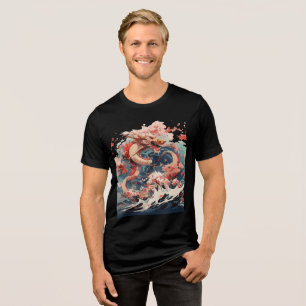 T-shirt En Tri-matière Dragon rouge et doré au-dessus de la mer agitée