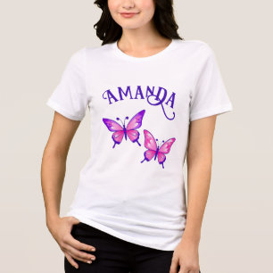 T-shirt En Tri-matière Duo de papillon violet et rose avec nom