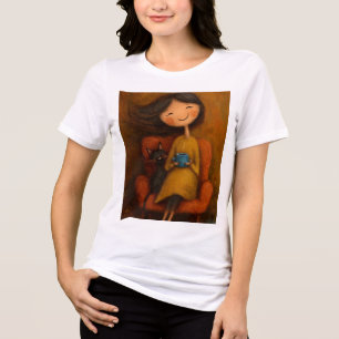 T-shirt En Tri-matière Fille Coquette avec Chat Noir et Café - Tee Fantai