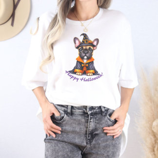 T-shirt En Tri-matière Frenchie Halloween Robe Violette Chapeau Sorcière