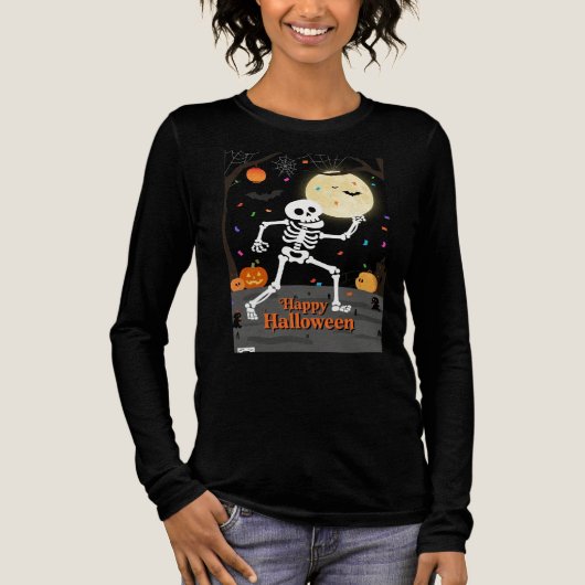 T-shirt En Tri-matière Funny Skeleton Dancing with "Happy Halloween" Bann (Recto)