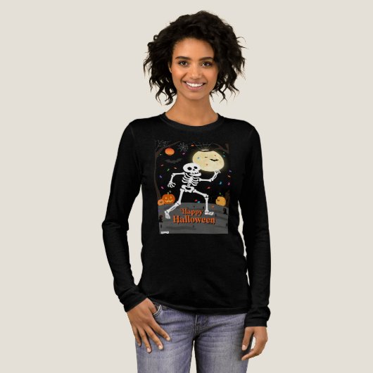 T-shirt En Tri-matière Funny Skeleton Dancing with "Happy Halloween" Bann (Recto complet)