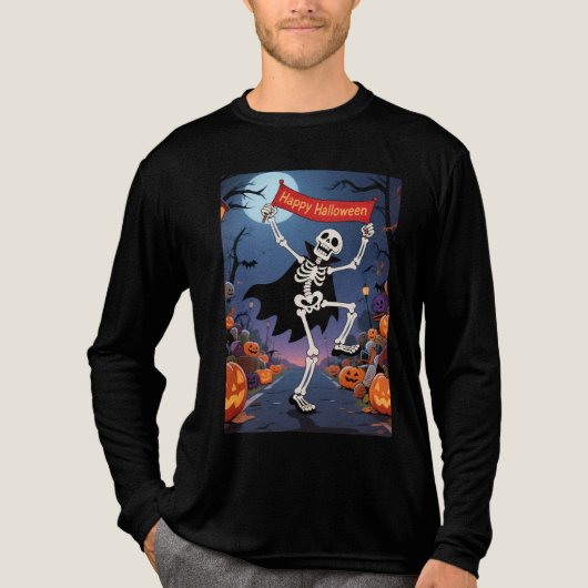 T-shirt En Tri-matière Funny Skeleton Dancing with "Happy Halloween" Bann (Recto)