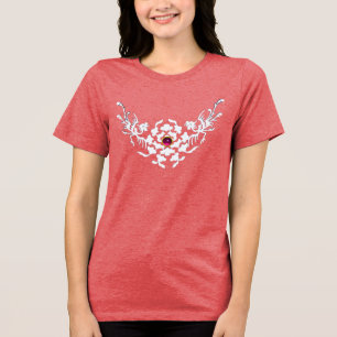 T-SHIRT EN TRI-MATIÈRE GRIFFONS BLANCS ET FLEURS AVEC GEMME RUBIS ROSE