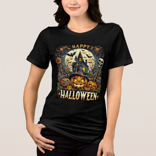 T-shirt En Tri-matière Happy Halloween Spooky Haunted House & Pumpkins (Recto)