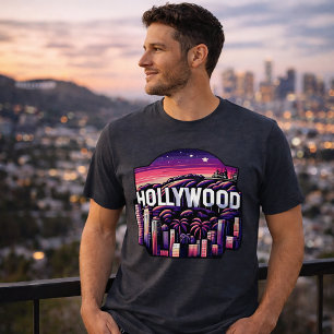 T-shirt En Tri-matière Hollywood Skyline   Art urbain Retro Neon
