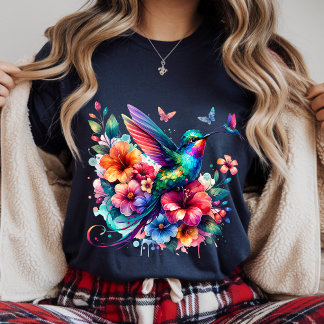 T-shirt En Tri-matière Hummingbirds With Colorful Floral Bouquet T-Shirt