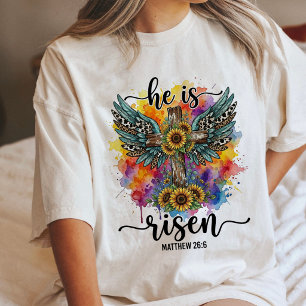 T-shirt En Tri-matière Il Est Ressuscité Croix Avec Tournesols Aquarelle