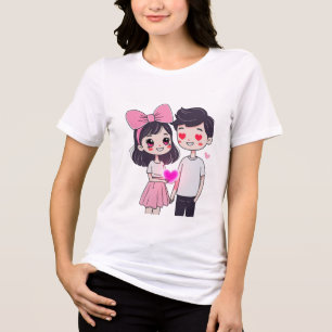 T-shirt En Tri-matière Illustration du mignon Kawaii Couple Doodle
