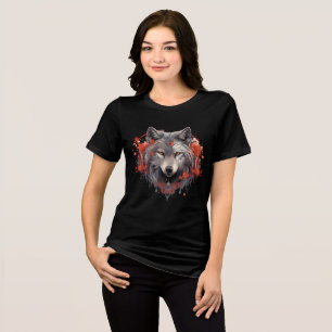 T-shirt En Tri-matière Illustration d'un loup gris avec des fleurs rouges