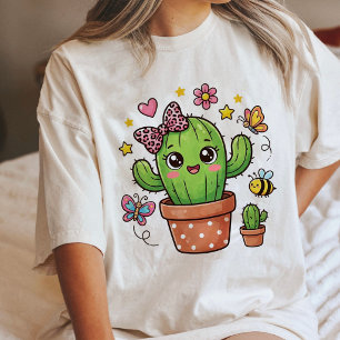 T-shirt En Tri-matière Joli Cactus Kawaii Avec Papillons Et Abeille