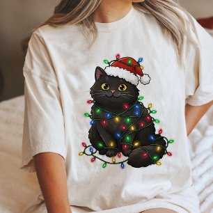 T-shirt En Tri-matière Joli Chat Noir de Noël Emmêlé dans les Lumières
