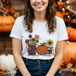 T-shirt En Tri-matière Joli citrouille avec des fleurs colorées, plantes