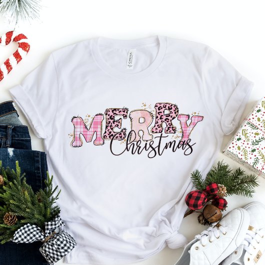 T-shirt En Tri-matière Joyeux Noël rose Plaid Parties scintillant Emprein