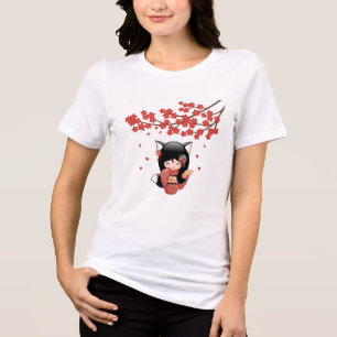 T-shirt En Tri-matière Kitsune Kokeshi Doll Black Fox Geisha Girl Blue