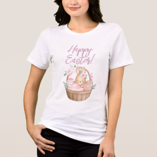 T-shirt En Tri-matière Lapin et œufs de Pâques à l'aquarelle rose mignon