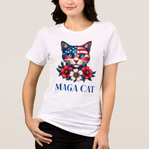 T-shirt En Tri-matière MAGA Cat Trump Drapeau américain et Fleurs Patriot