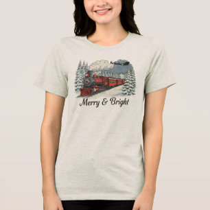 T-shirt En Tri-matière Merry Bright Vintage Train de Noël graphique T-Shi