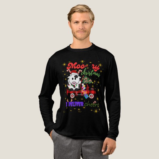 T-shirt En Tri-matière Moo-ry Christmas Cow in Plaid Truck Holiday design (Recto complet)
