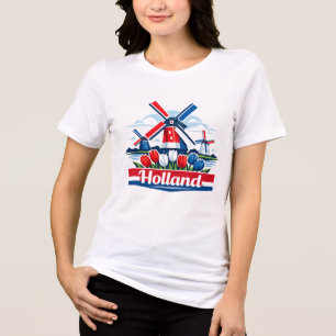 T-shirt En Tri-matière Moulin à vent de Hollande et conception de tulipe