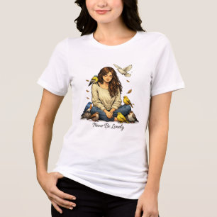 T-shirt En Tri-matière Ne jamais être seul – Jolie fille entourée d'oisea
