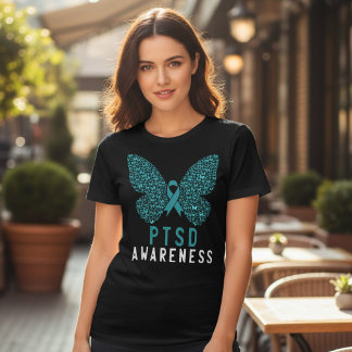 T-shirt En Tri-matière Papillon Ruban Sarcelle de Sensibilisation au SSPT