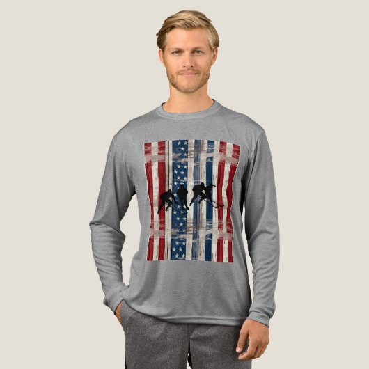 T-shirt En Tri-matière Patriotic Wood Flag Hockey Players  (Recto complet)