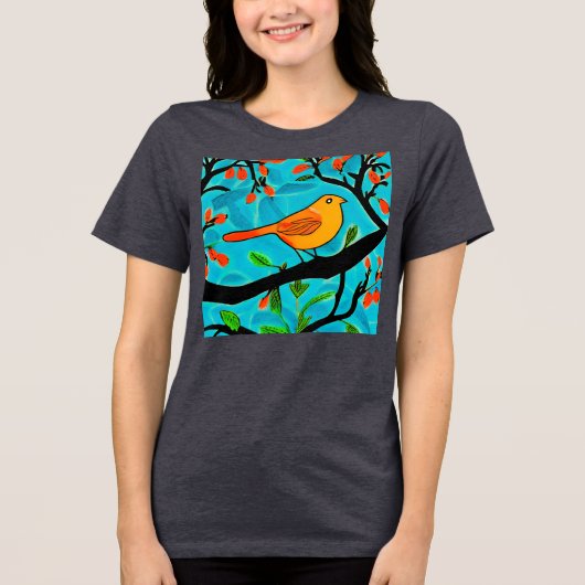 T-shirt En Tri-matière Petit oiseau orange sur une branche de fleurs (Recto)