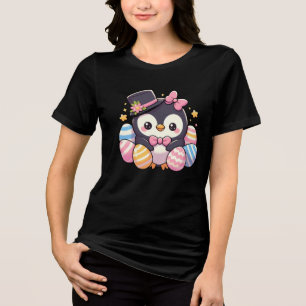 T-shirt En Tri-matière Pingouin de Pâques mignon avec oeufs colorés Kawai