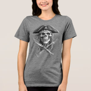 T-shirt En Tri-matière Pirate Skull B&W avec couteau croisé et fourche
