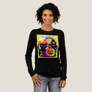 T-shirt En Tri-matière Retro Halloween Kawaii Chat noir, design Citrouill