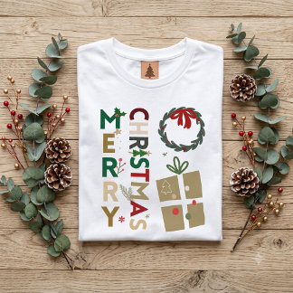 T-shirt En Tri-matière Retro Merry Christmas Typographic Wreath and Gift