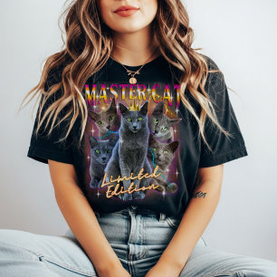 T-shirt En Tri-matière Russe Bleu Chat Bootleg Style Chat argent Vintage