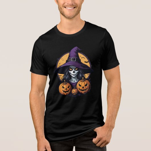 T-shirt En Tri-matière Skull witch with Pumkins & Full Moon (Recto)
