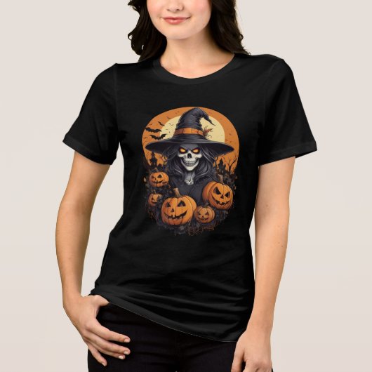 T-shirt En Tri-matière Skull witch with Pumkins Halloween (Recto)