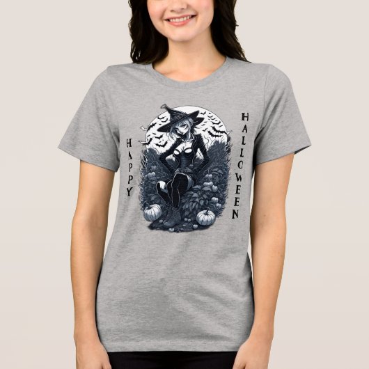 T-shirt En Tri-matière Style tatouage Citrouille de sorcière Lune (Recto)