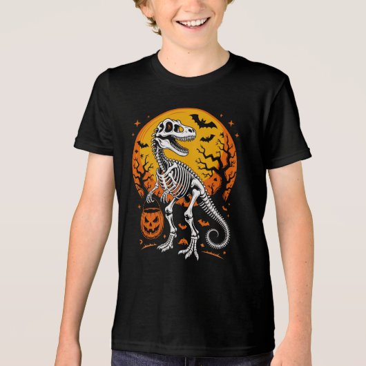 T-shirt En Tri-matière T-Rex Squelette Halloween Citrouille Pail Et Bats (Recto)