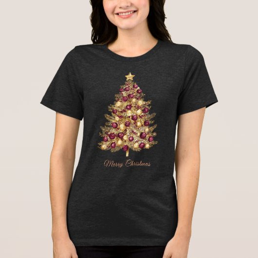 T-shirt En Tri-matière T-shirt femme Gold Burgundy Christmas Tree (Recto)