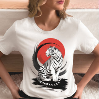 T-shirt En Tri-matière Tigre Blanc Avec Soleil Rouge Artistique