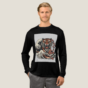 T-shirt En Tri-matière Tigre Japonais avec Fleurs de Cerisier et Vagues L