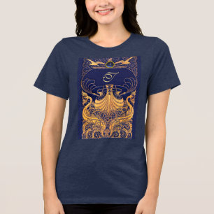 T-shirt En Tri-matière Vase Antique,Dauphins,Or,Monogramme Bleu Marine