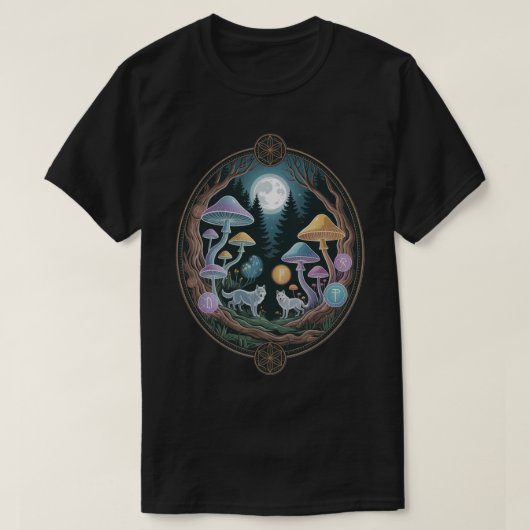 T-shirt Enchanted Moonlit Wolves and Psychedelic Mushrooms (Design devant)