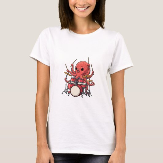 T-shirt Energetic Red Octopus Drummer Multitasking (Devant)