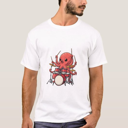 T-shirt Energetic Red Octopus Drummer Multitasking (Devant)