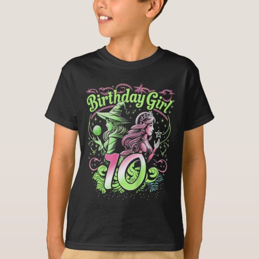 T-shirt Enfants 10e Anniversaire Sorcière rose et vert 10  (Devant)