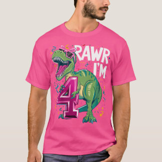 T-shirt Enfants 4 Ans T Rex Dinosaur 4E Fille Anniversaire