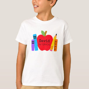 T-shirt Enfants NOM École GRADE Apple Livres Crayons Amusa