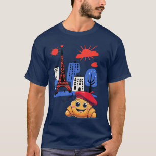 T-shirt Enfants Paris France Croissant avec Béret Bonjour