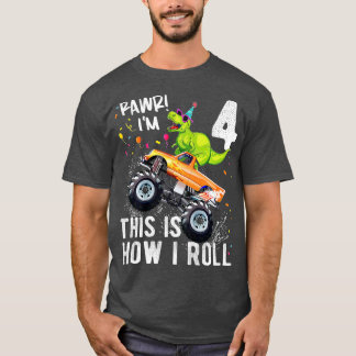 T-shirt Enfants T Rex Dinosaur Monster Camion 4e anniversa