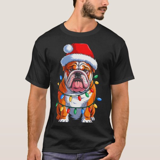 T-shirt English Bulldog Dog Christmas Lights Santa Hat Xma (Devant)